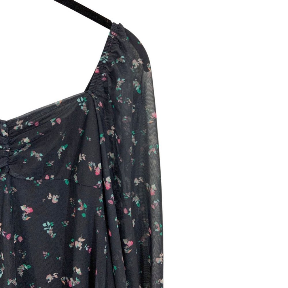 Floral Long Sleeve Mesh Mini Dress w/ Ruched Front - Picture 3 of 9